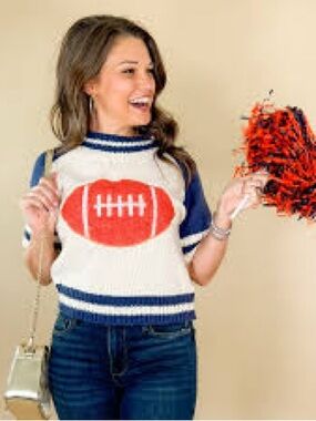 BiBi Cream Knit Sweater with Navy Trim and Football Graphic